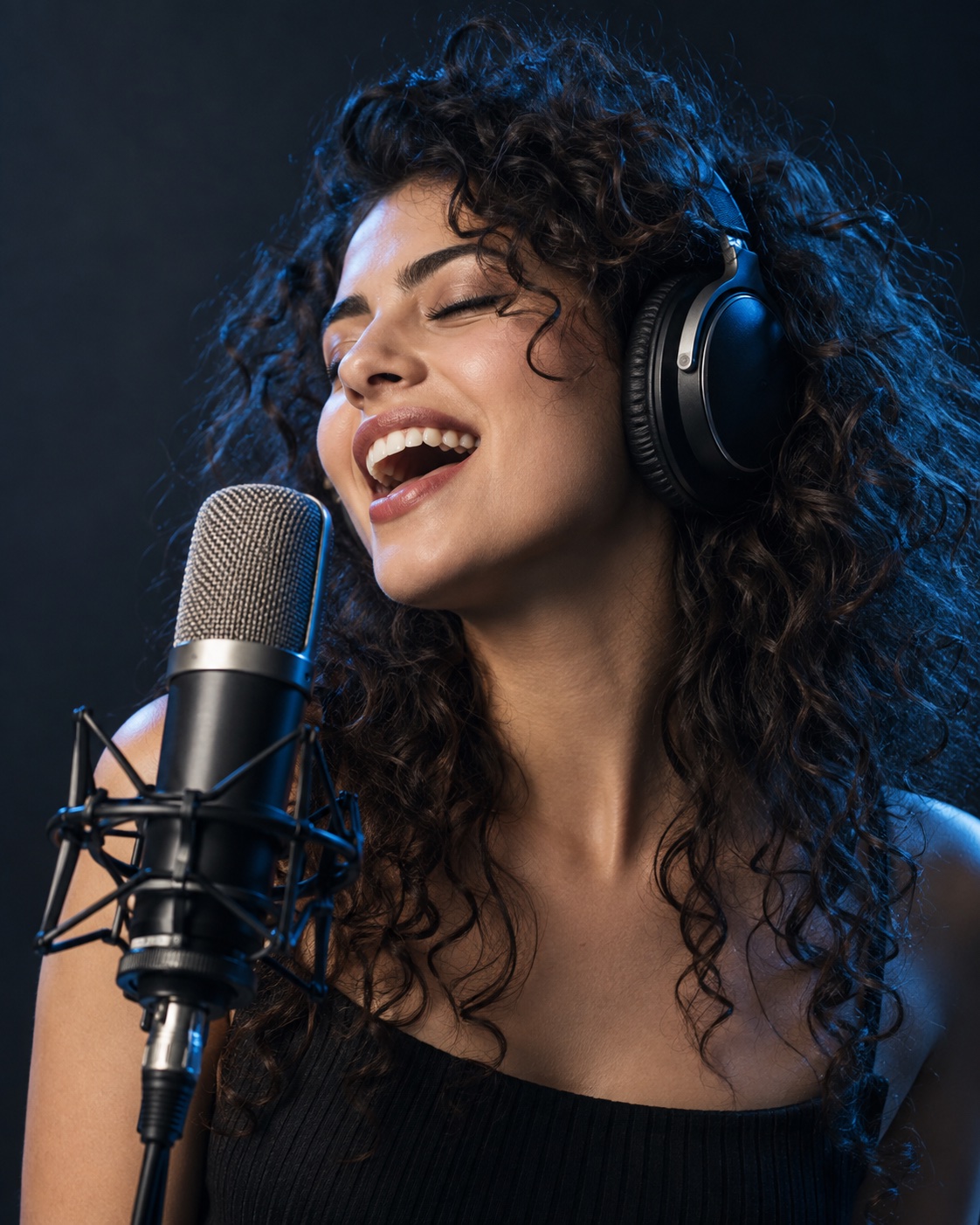 Una cantante si gode la musica in cuffia davanti al microfono